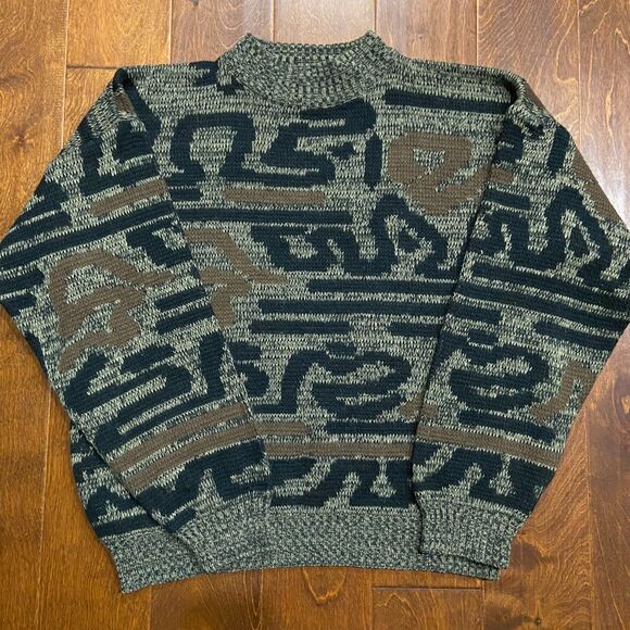 Permit Vintage Skater Abstract Tan Black Crewneck Acrylic Sweater Men's Size M - Picture 3 of 8